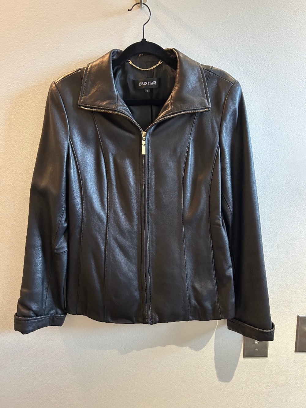 Ellen Tracy Black Leather Jacket with Gold Hardware and Cuffed Sleeves, Size M